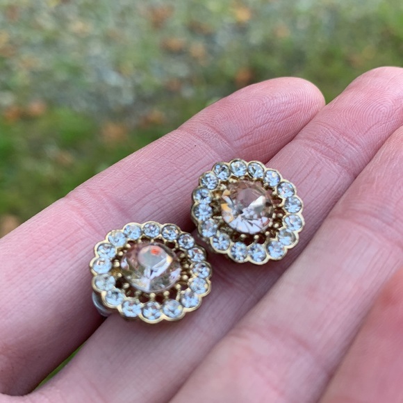 Large brilliant round stones gold pink clear crystals stud earrings like new - Picture 7 of 11